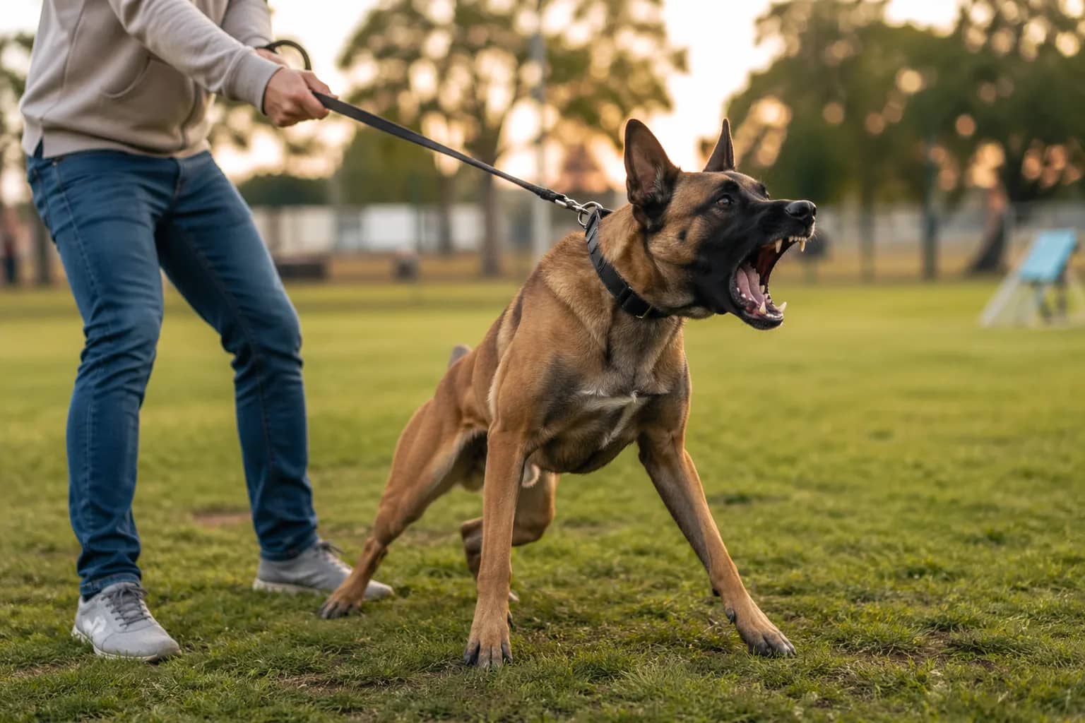 A dog lunging on a tight lead barking at a trigger — the specific pattern that signals a behaviourist case rather than a training case
