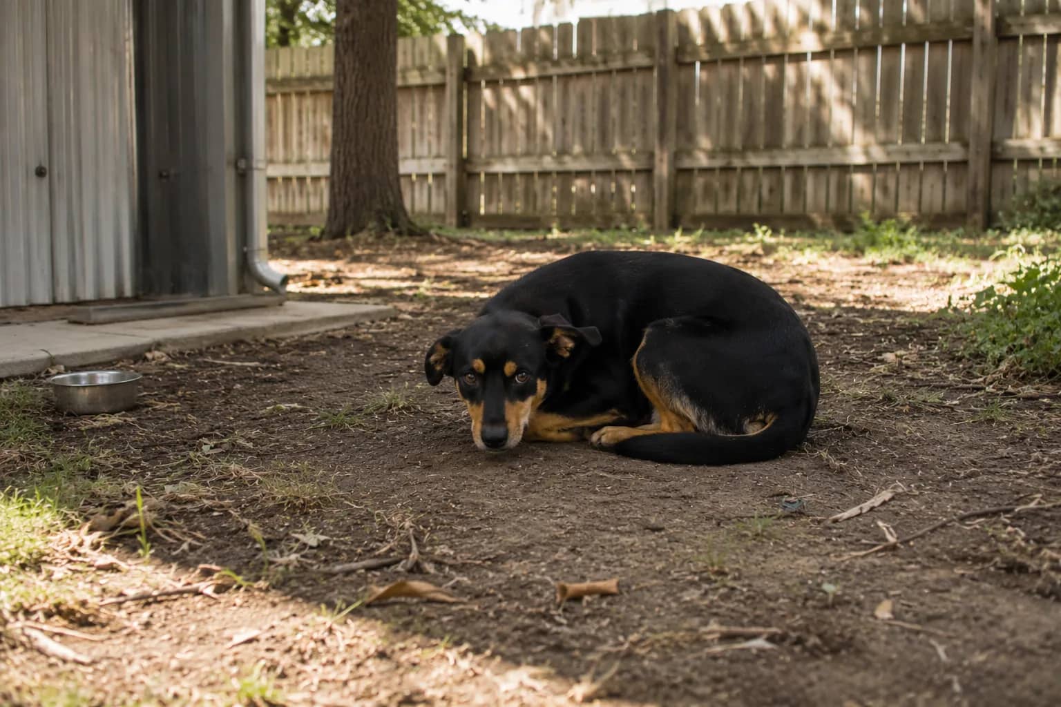 An anxious dog alone in a backyard — the daily context most separation anxiety cases surface in, and where the pattern rehearses itself when the household leaves the house