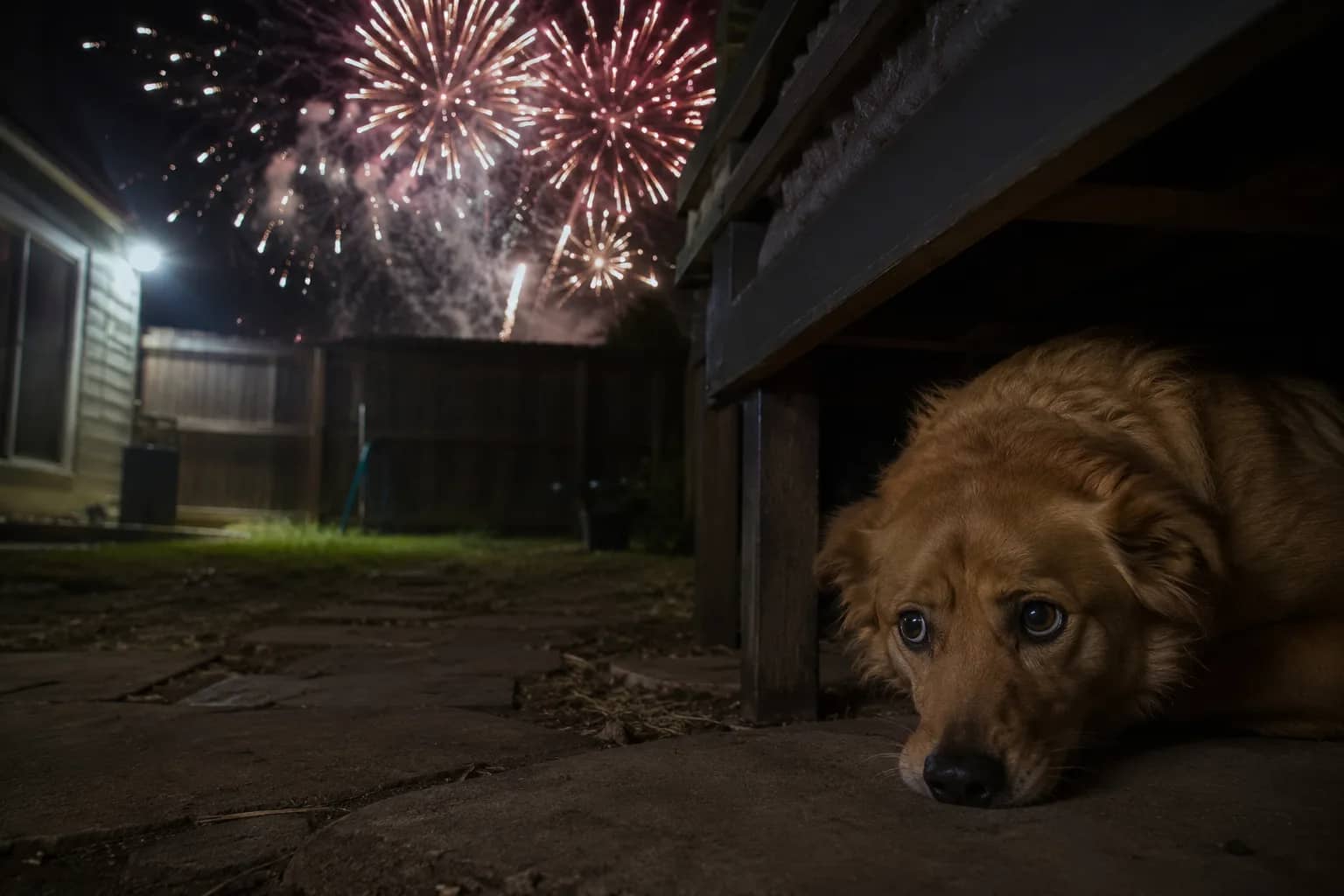 A frightened dog hiding under a deck at night while fireworks burst overhead — the panic state regional SA owners see every Christmas, New Year and Australia Day