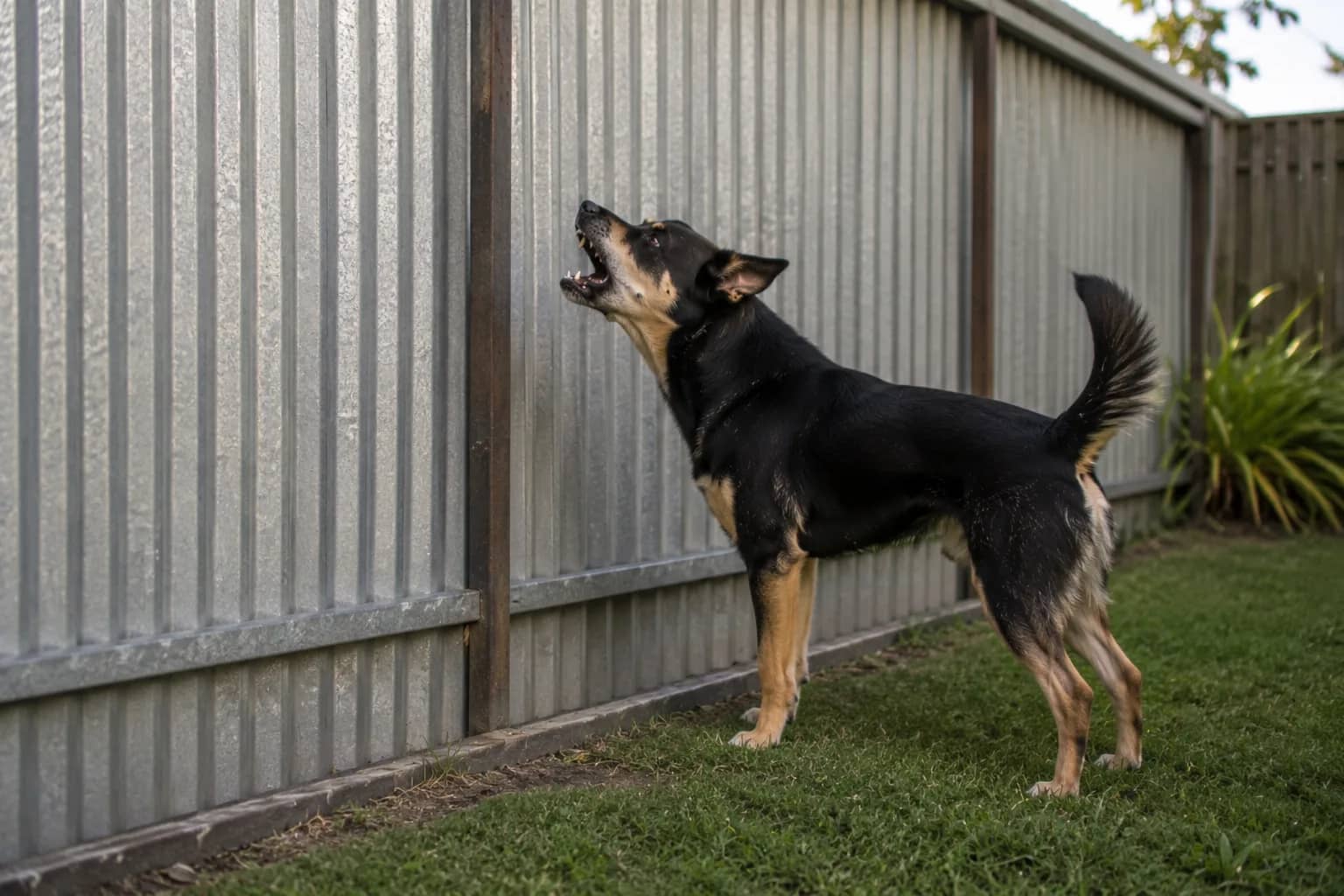 A black-and-tan kelpie-cross barking up at a galvanised iron back fence in a suburban yard — the rehearsed alert barking that drives most council complaints