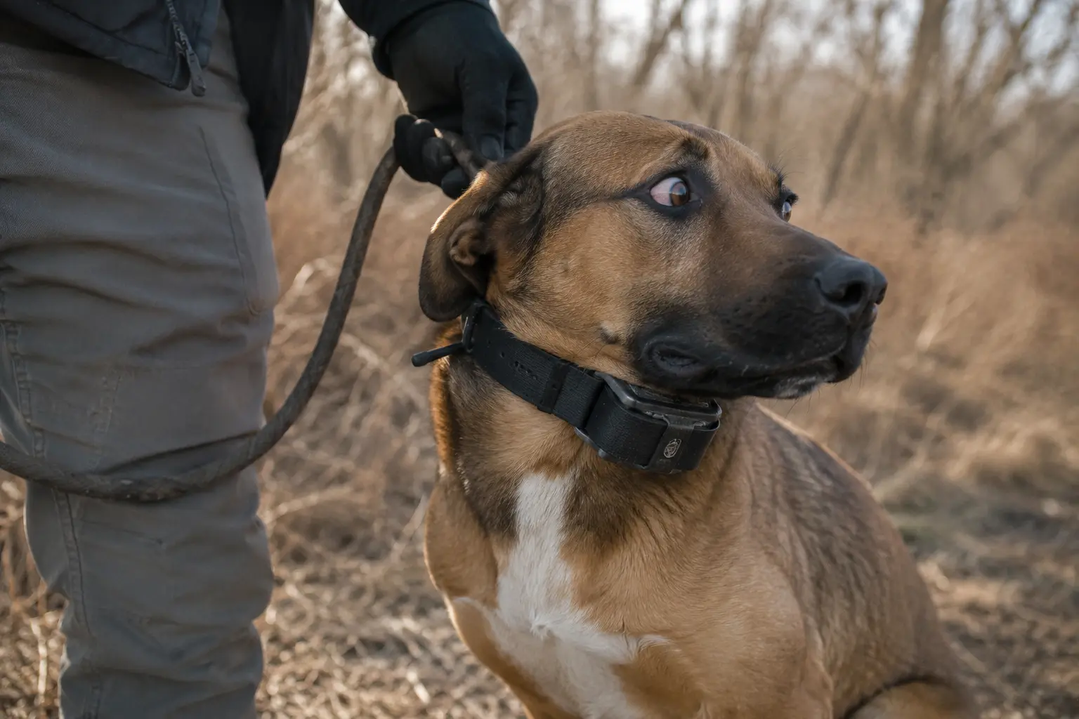 A tan dog wearing a black shock collar shows whale eye and a tense expression beside its handler — a stress signal often missed during e-collar training.