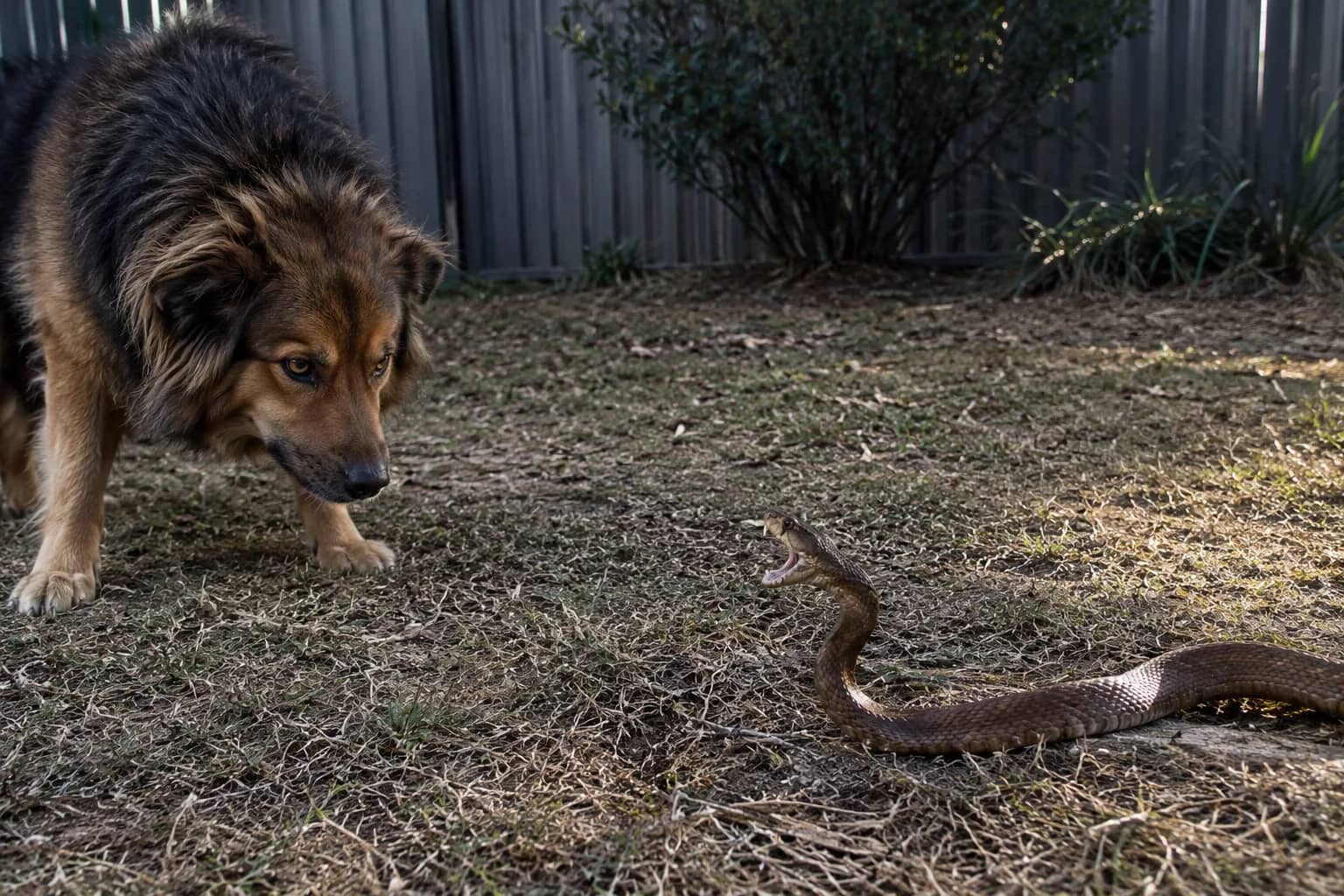 A long-coated dog frozen in a low stalking posture facing a brown snake reared up with its mouth open on a dry suburban back lawn — the exact backyard standoff regional SA owners face every brown snake season