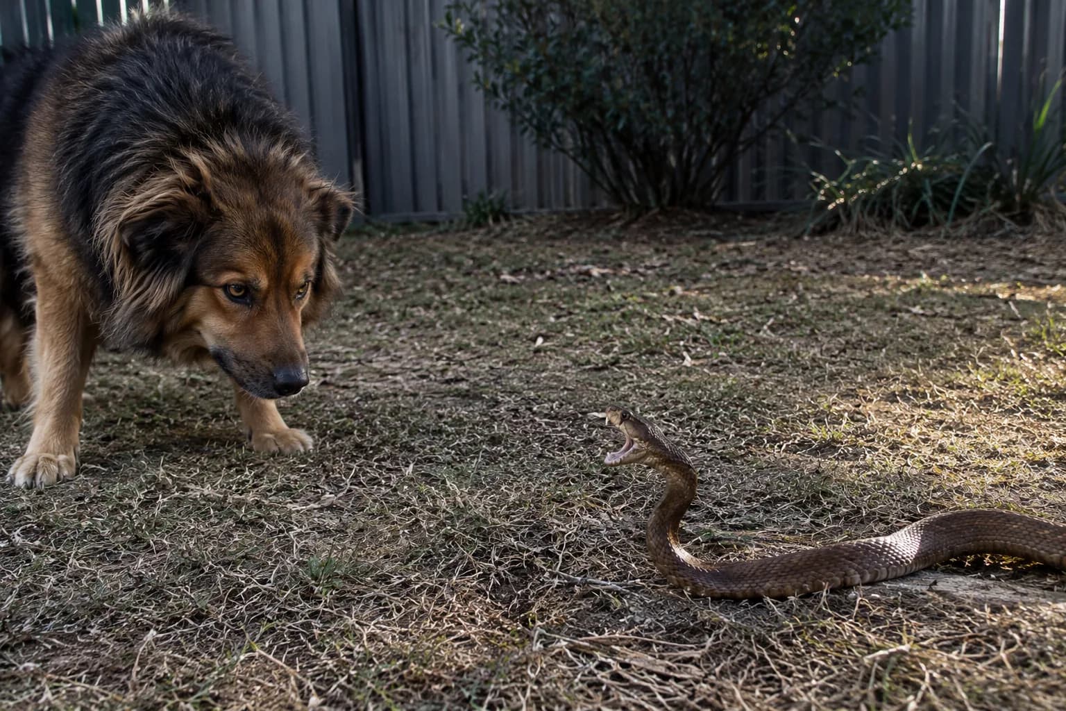 A long-coated dog frozen in a low stalking posture facing a brown snake reared up with its mouth open on a dry suburban back lawn — the exact backyard standoff regional SA owners face every brown snake season