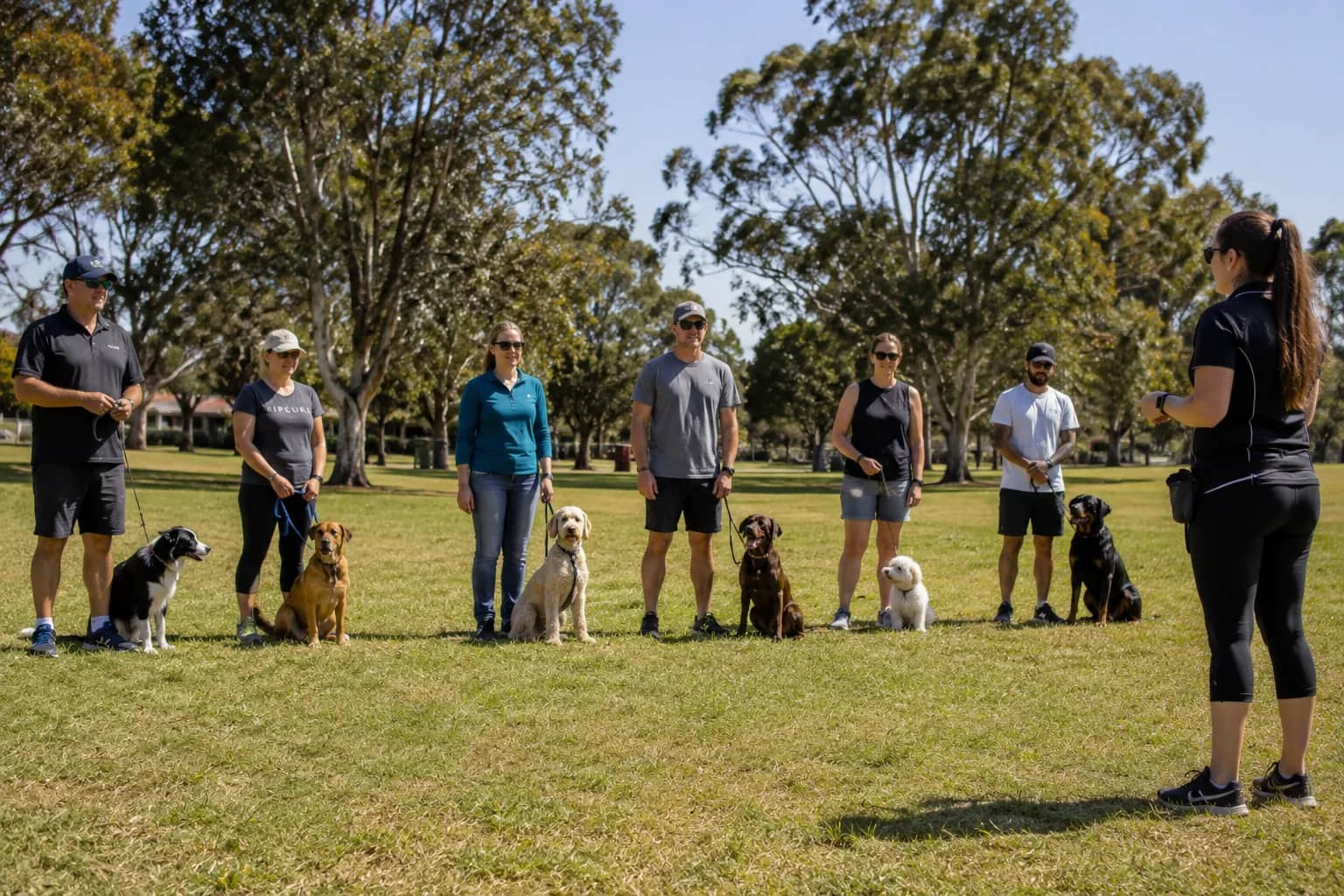 A trainer running a group obedience class in a park — six owners spaced out across the grass with their dogs sitting calmly on lead, the format being weighed against in-home and online coaching