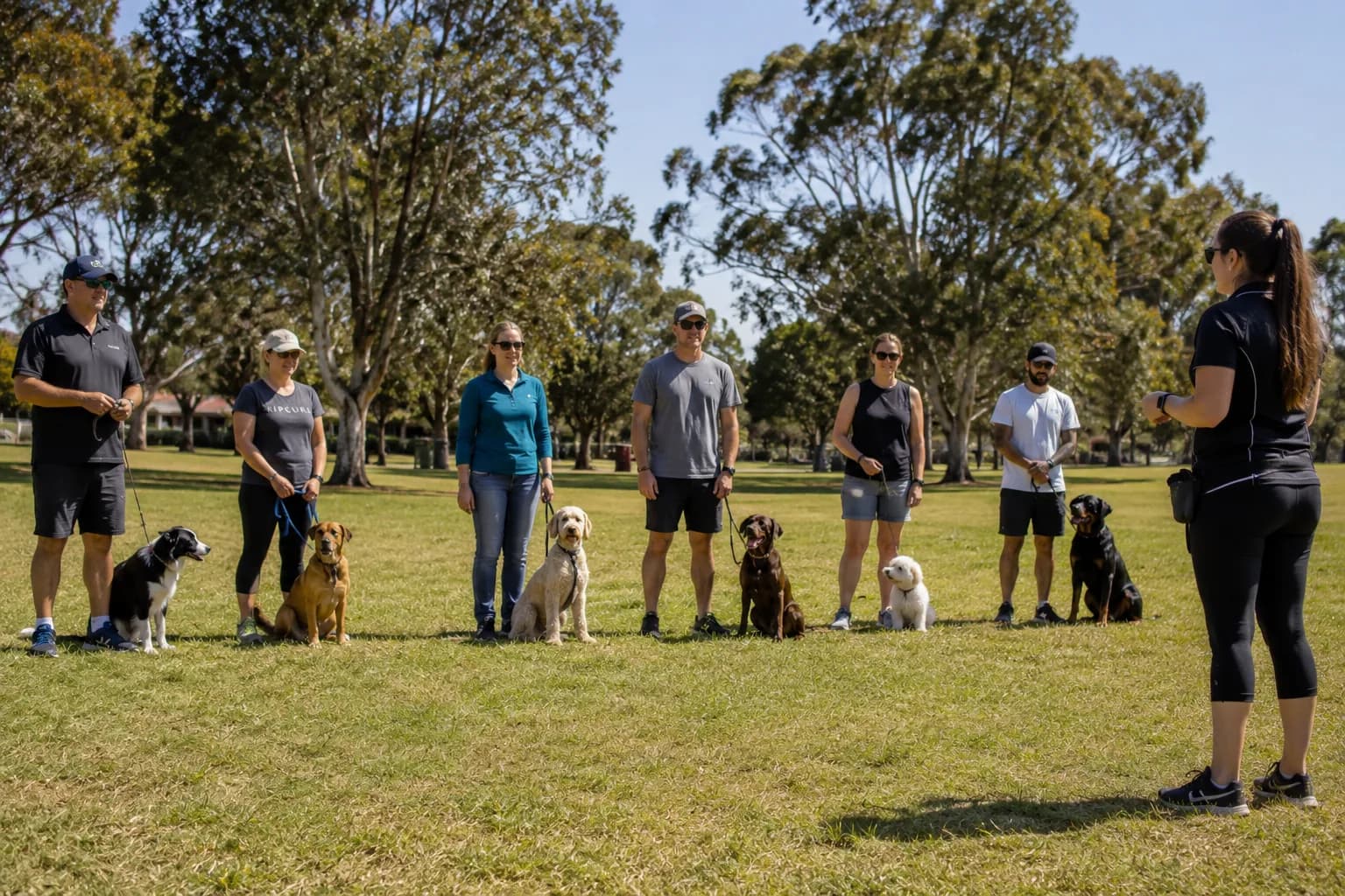A group obedience class in a public park — the classic training format, contrasted through the article with the in-home diagnostic work an accredited behaviourist does