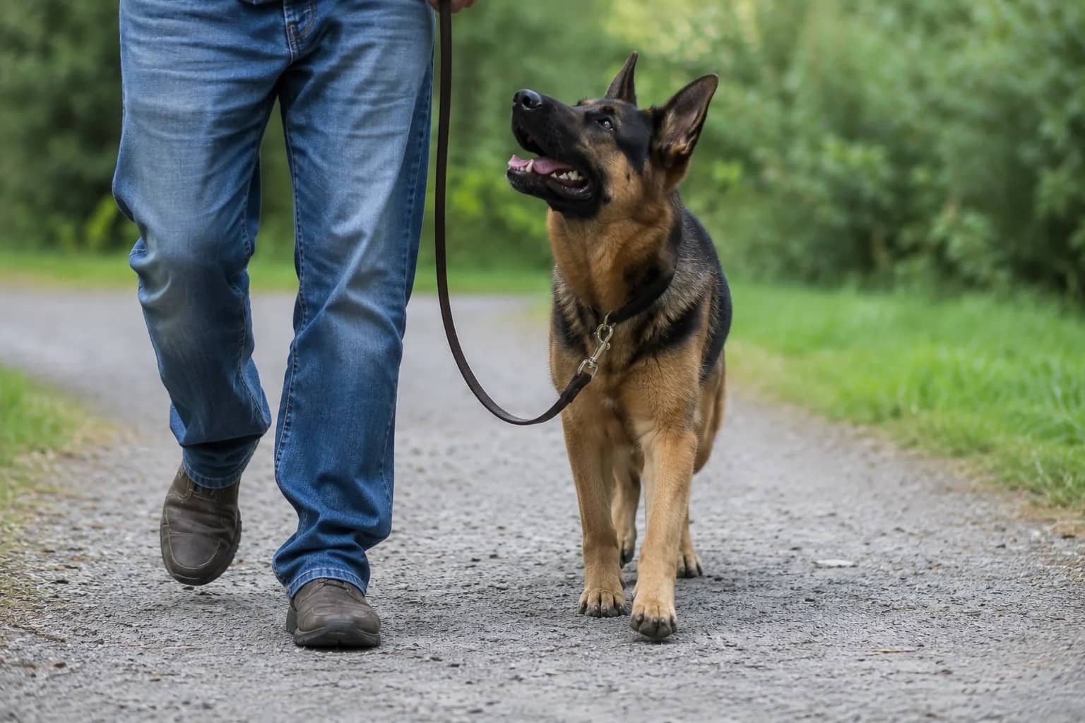 A black-and-tan German Shepherd walking calmly on a loose leash beside its handler down a gravel track — the breed at its best under clear, steady leadership