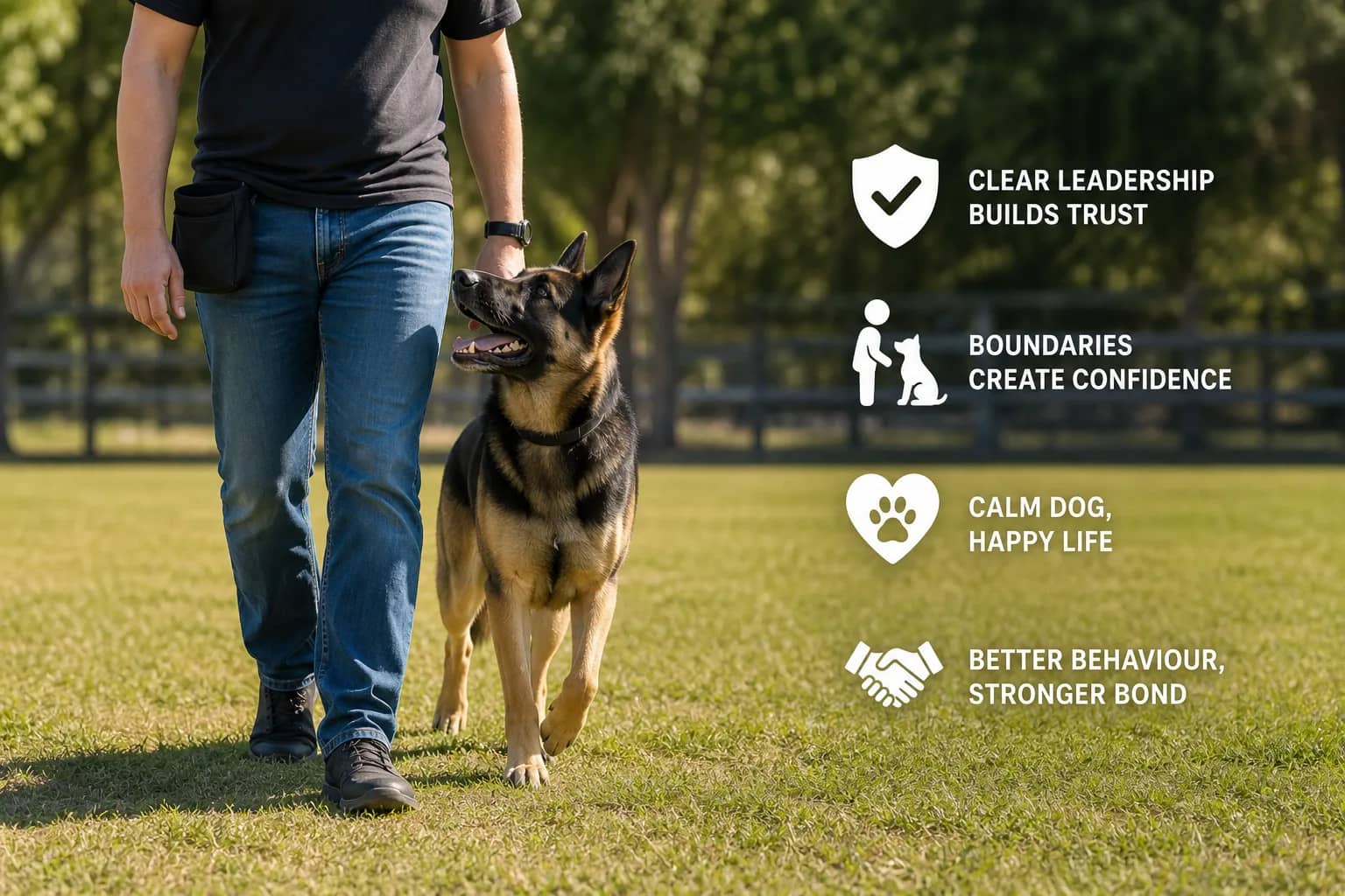 A handler walking calmly beside an attentive German Shepherd in a paddock, with four overlaid pillars to the right: clear leadership builds trust, boundaries create confidence, calm dog happy life, better behaviour and stronger bond