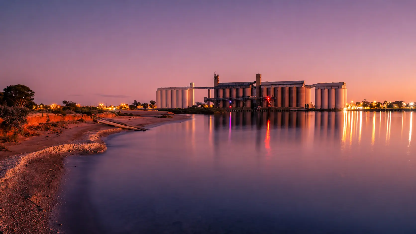Grain silos at dusk on the Port Pirie wharf